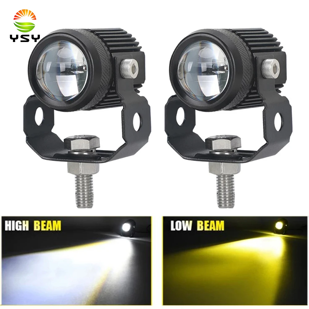 2x Motorcycle Spotlight Projector Lens Dual Color mini LED Headlight yellow white Driving lamp Universal for Trucks SUV ATV cars