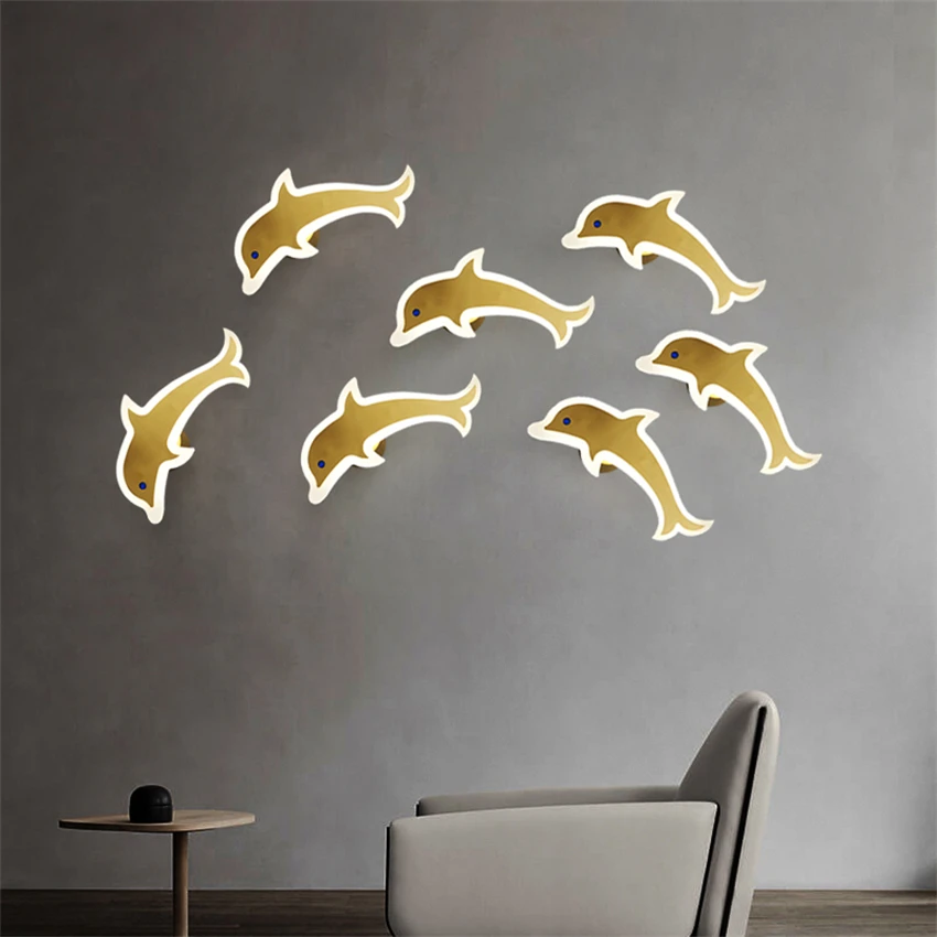 

New Chinese all copper LED fish wall lamps living room bedroom bedside Zen aisle dolphin decorative wall sconces lights lighting