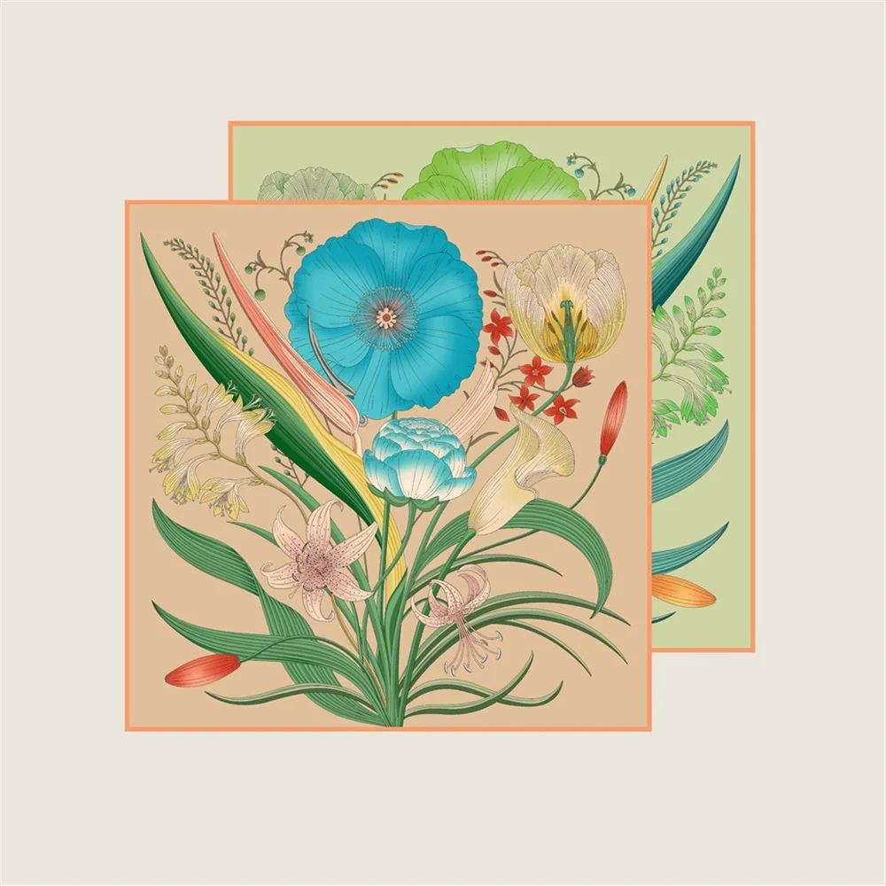 POBING Hand Rolled Twill Silk Scarf Women Plant Flowers Double Printed Square Scarves Wraps Echarpes Foulards Femme Hijab 90CM