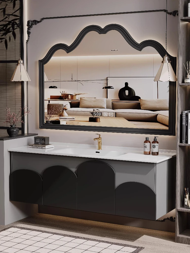 

Французский минималистичный шкафчик для ванной комнаты с керамической встроенной раковиной, комбинированный умывальник