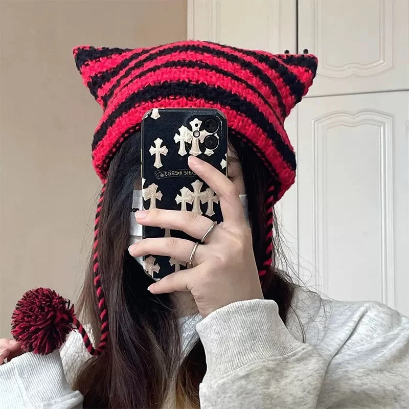 Cute Devil Knitted Beanie Hat Ins Skullies Striped Knitting Wool Cap Autumn Winter Cat Ears Pointed Pullover Women Hats bonnets