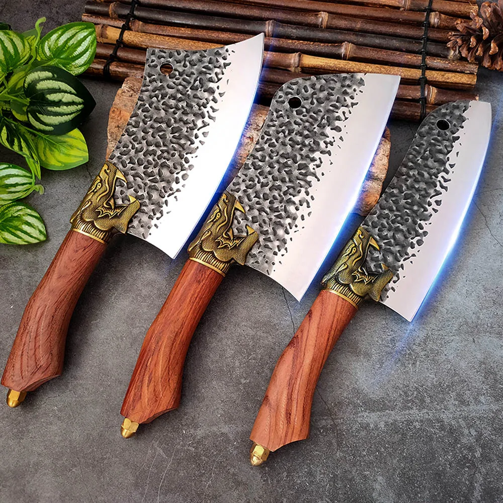 

Hand Forged Chinese Knife Cleaver Meat Chopping Vegetables Kitchen Knife Wooden Handle Heavy Knife Chef Cutter Slicing Knife