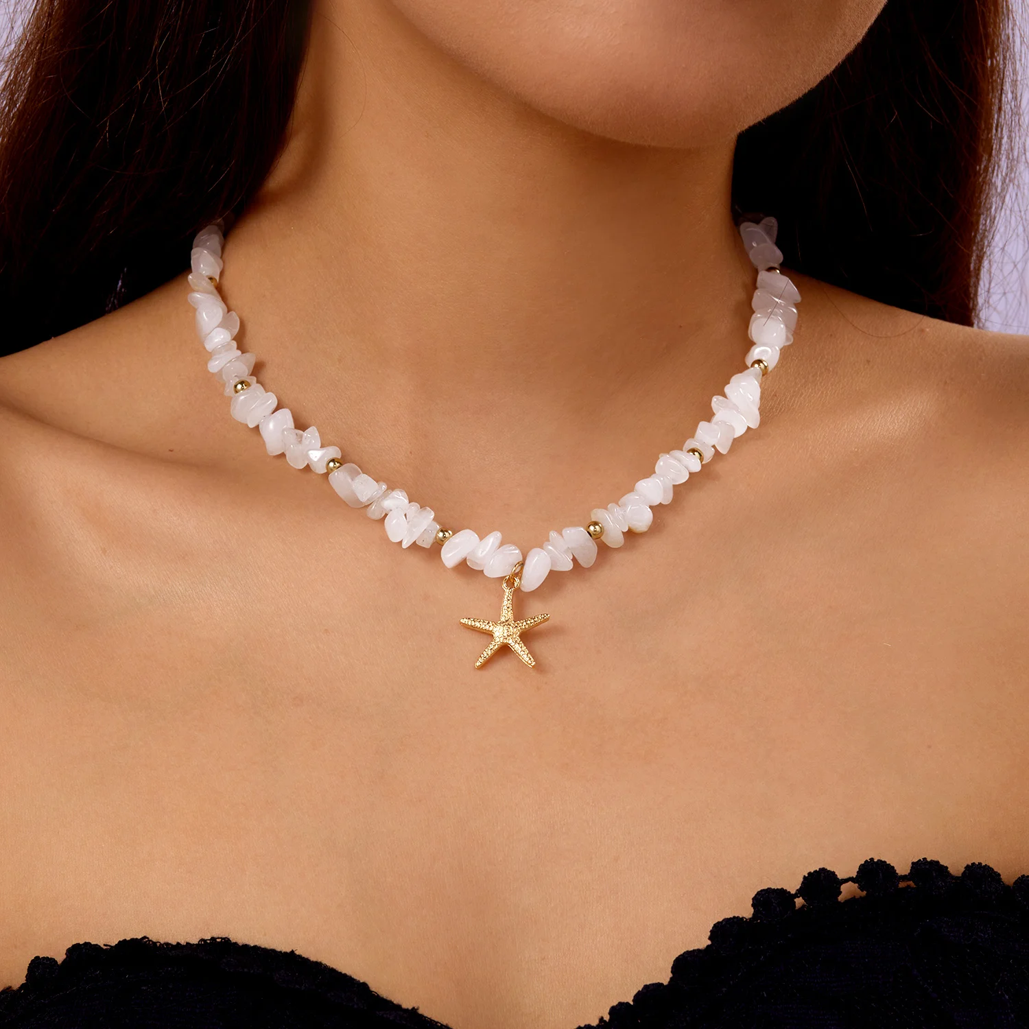 Unregelmäßige bunte Naturstein-Perlen-Halskette für Frauen, handgefertigt, böhmischer Seestern, Schlüsselbeinkette, Strandparty, Charm-Schmuck – Detail 4