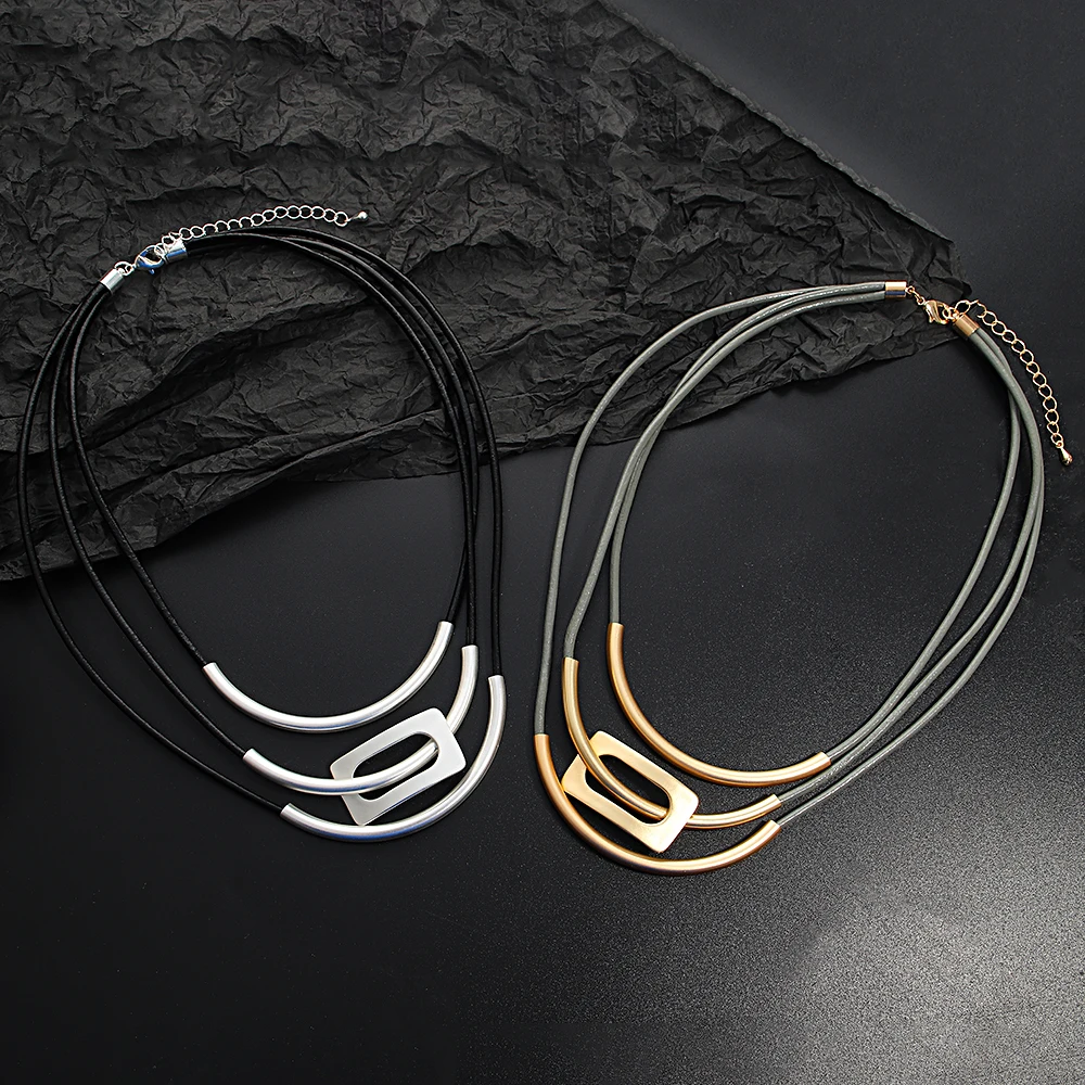 

Amorcome Punk Vintage Multilayer Leather Necklace for Women Men Trend Metal Tube Square Charm Choker Necklaces Collar Jewelry
