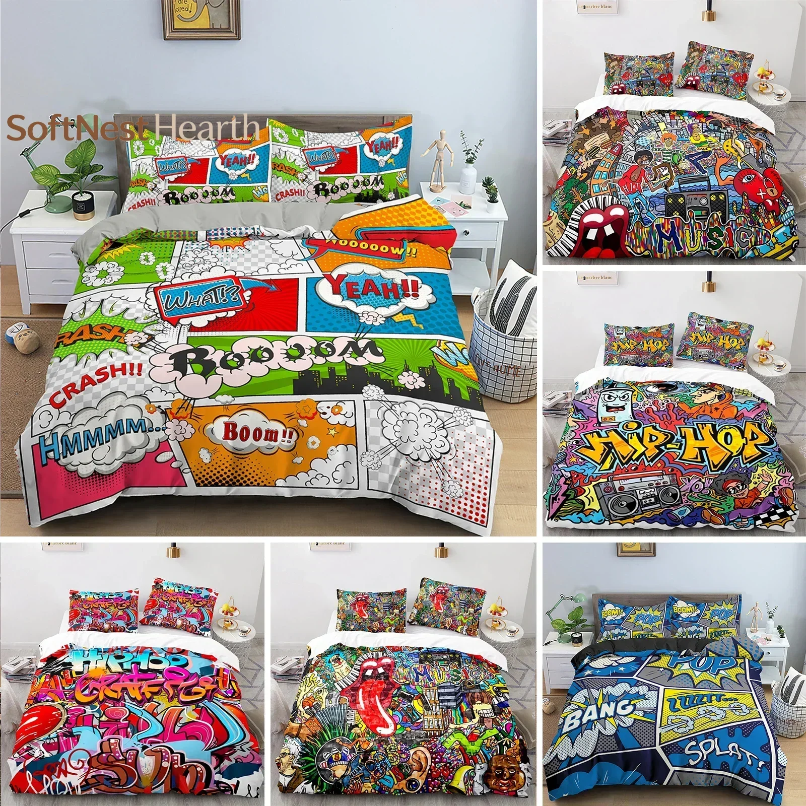 2026 Color Comic Pattern Duvet Cover Queen King Cartoon Bedding Set For Kids Boys Girls Hippie Hip Hop Rock Style Comforter Cove