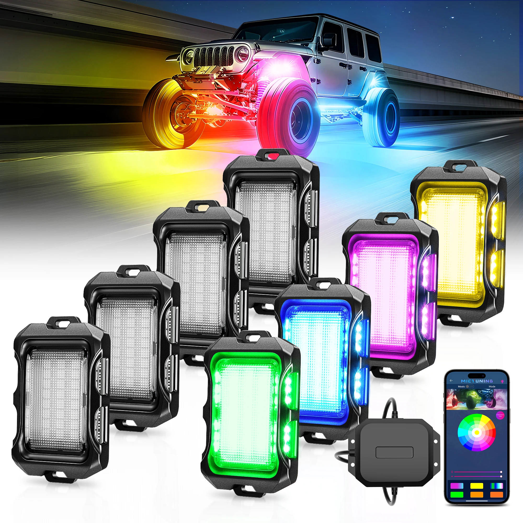 MICTUNING Q2 LED Multi-Colour DIY Backlight Neon Kit, Independent Group Control, MAX Enhanced Brightness RGBIC Color Rock Light
