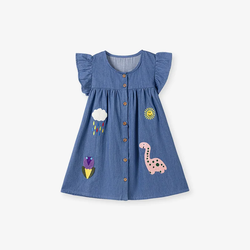 

Summer Baby Girls Cotton Appliques Embroidery Single-Breasted Petal Sleeve Denim Dress Kid Casual Skirt Children Outfit 2-7 Yr