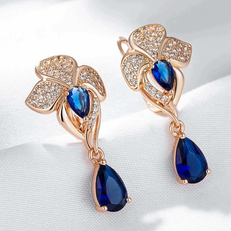 Wbmqda Luxury Retro Drop Shape Blue Natural Zircon Dangle Earrings For Women 585 Rose Gold Color Ethnic Bride Wedding Jewelry