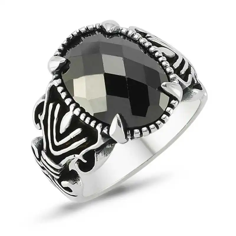 Silver Black Cutting Cubic Zirconia Men Ring