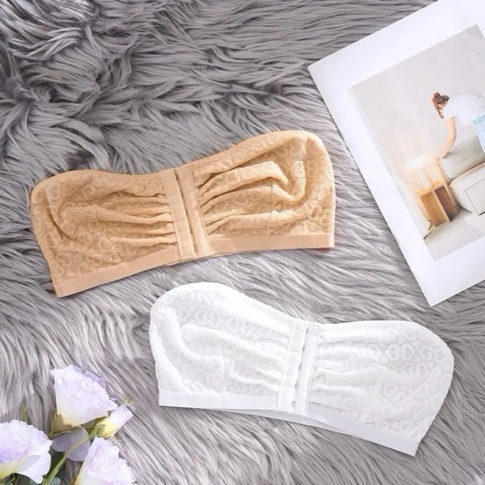 Trägerloses Oberteil mit Falten vorne und Knopf, rutschfest, eng anliegend, Spitzen-Herz-Röhrenoberteil, kabellose Unterwäsche, trägerloser, unsichtbarer BH, Party