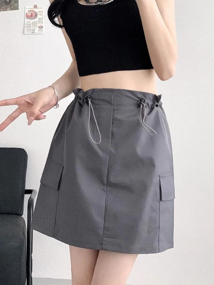 Zoki Women Y2K Cargo Skirts Vintage High Waist Casual Streetwear Mini Skirts Retro American Solid Pockets Female Sexy Skirts New