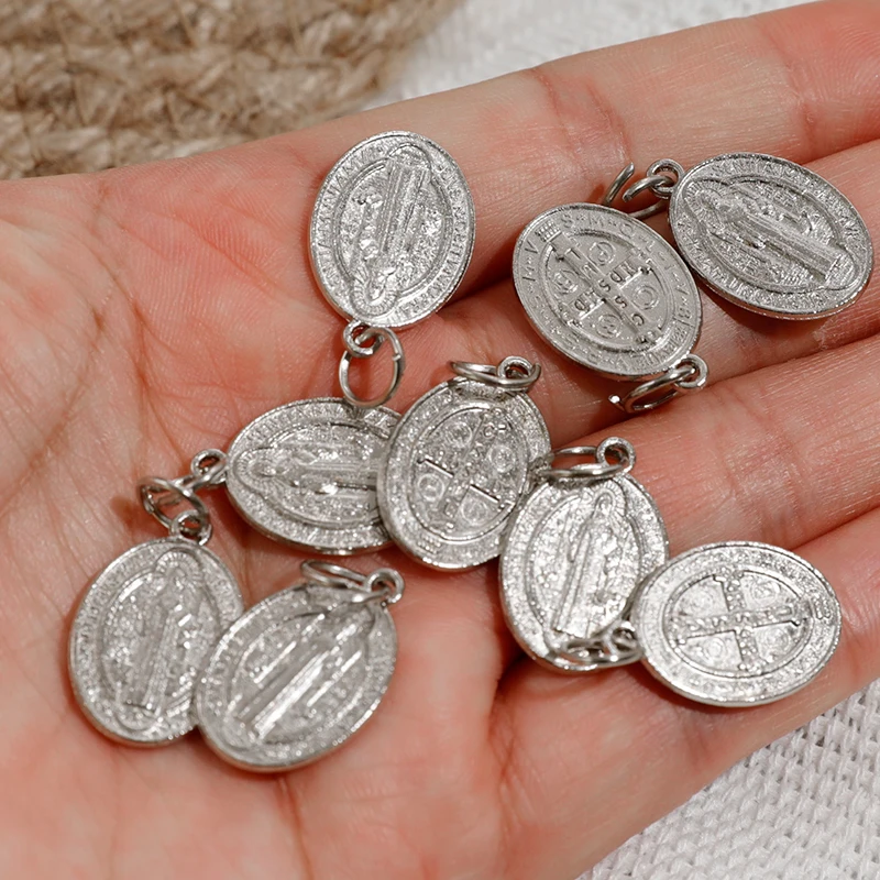 New Catholic Silver Saint Benedict  Medal Elliptical Metal Jewelry Accessories Necklace Making Diy Charm 2.2x1.45cm