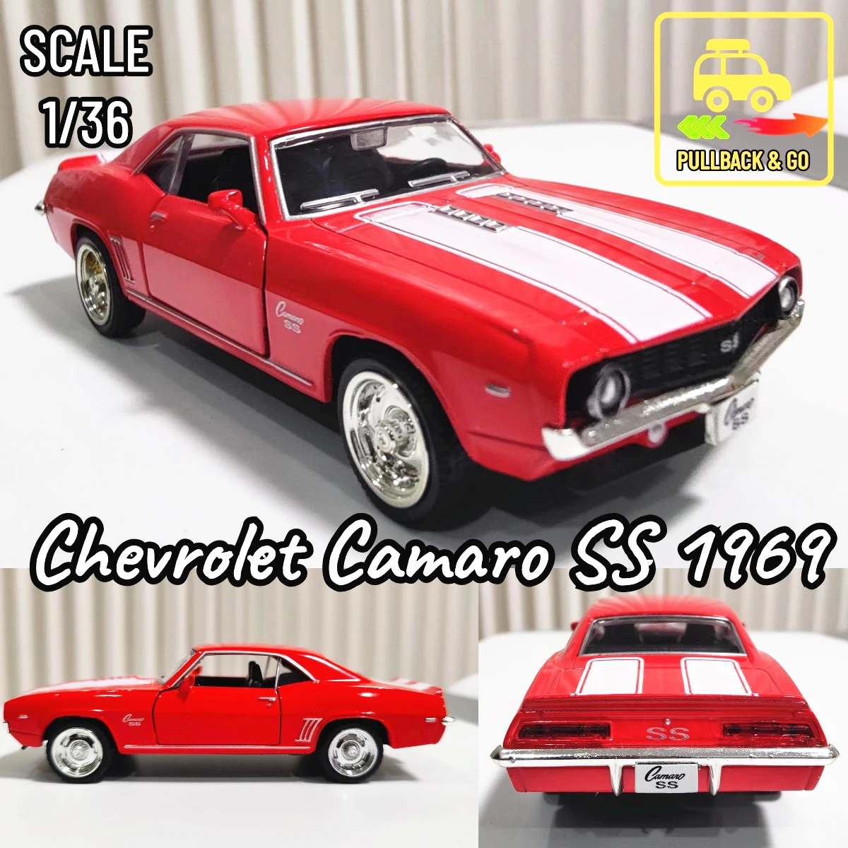 1:36 Metal Diecast Car Model Repilca Chevrolet Camaro SS 1969 Scale Miniature Collection Vehicle Hobby Kid Toy for Boy Xmas Gift