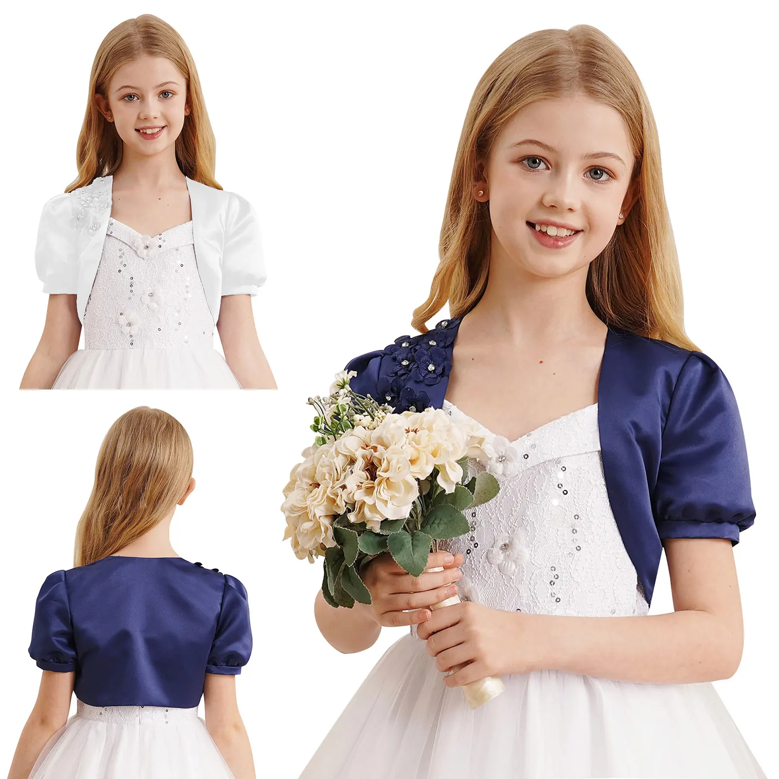 Kids Girls Satin Long Sleeve Flower Bolero Shrug Short Cardigan Wedding Bridesmaid Dress Cover Up Jacket Top for Birthday Party