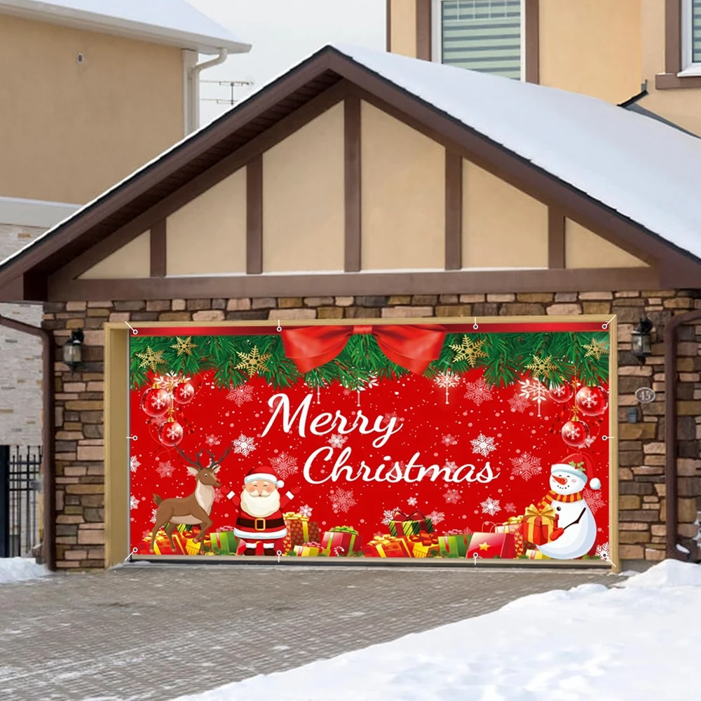 Red Merry Christmas Garage Door Backdrop Banner Cover Large Xmas Door Decor Winter Holiday Background Garage Door Wall Decor