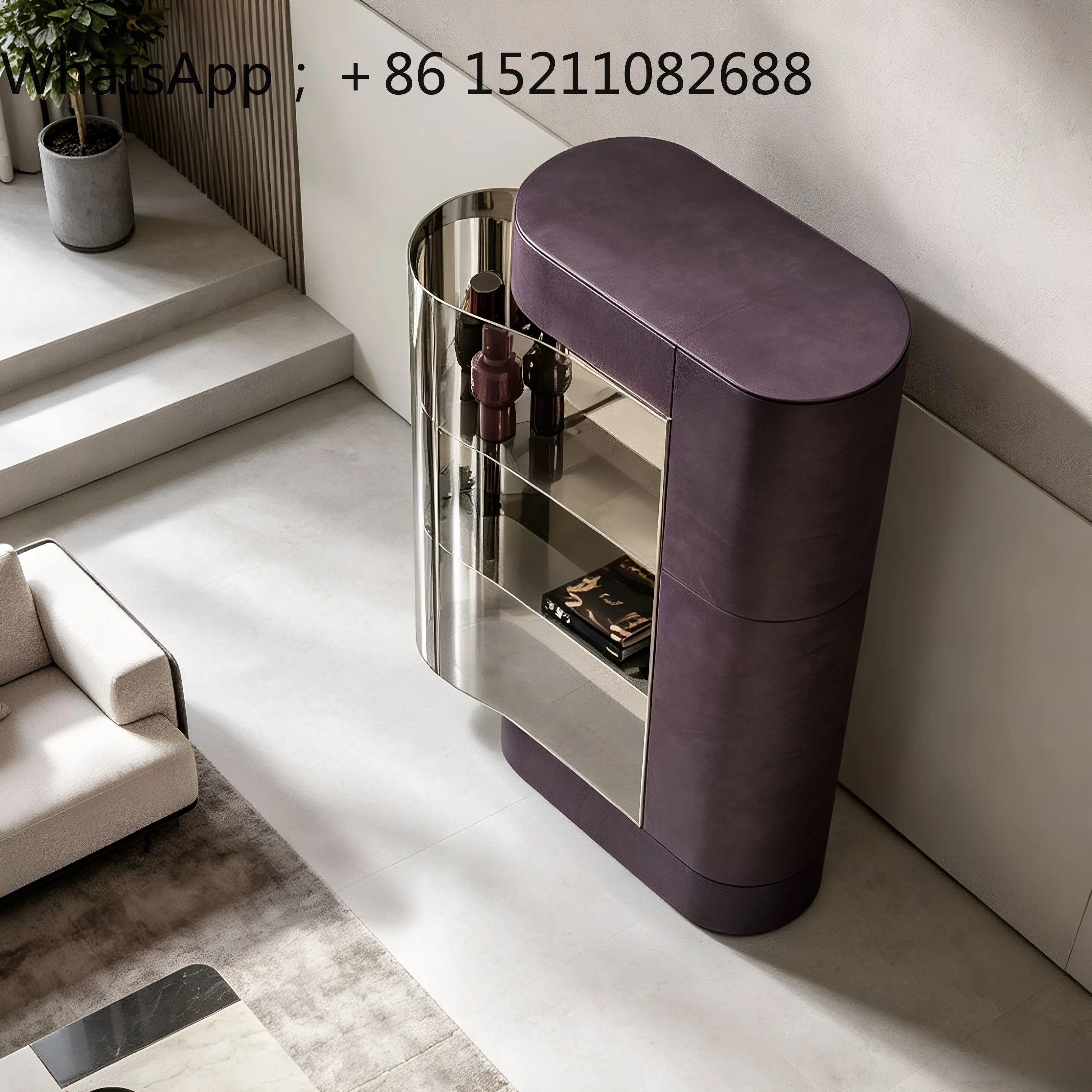 SCY light luxury stainless steel leather wine cabinet display cabinet modern villa home living room high-end storage cabinet