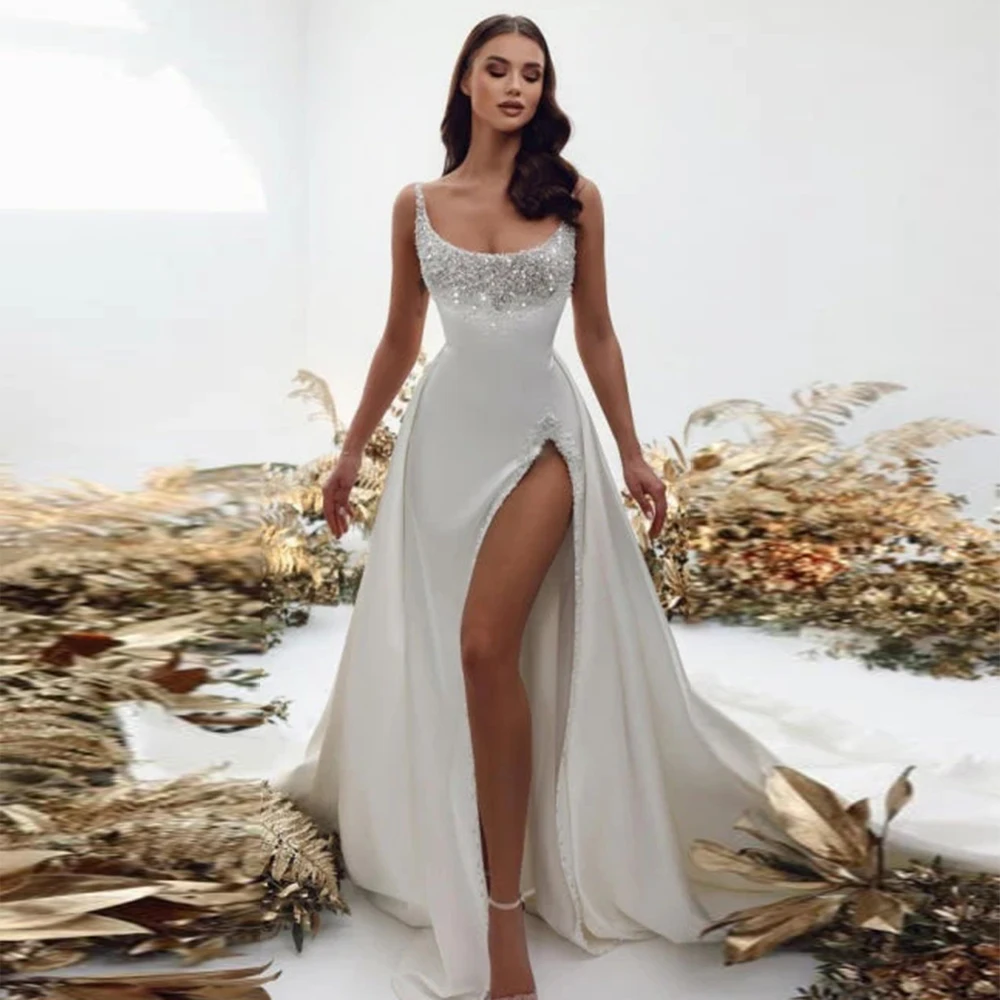 Elegante Vestido De Novia De satén con cuentas De sirena, Vestido De Novia Sexy sin mangas con abertura lateral, Vestido De princesa Formal para fiesta en la playa