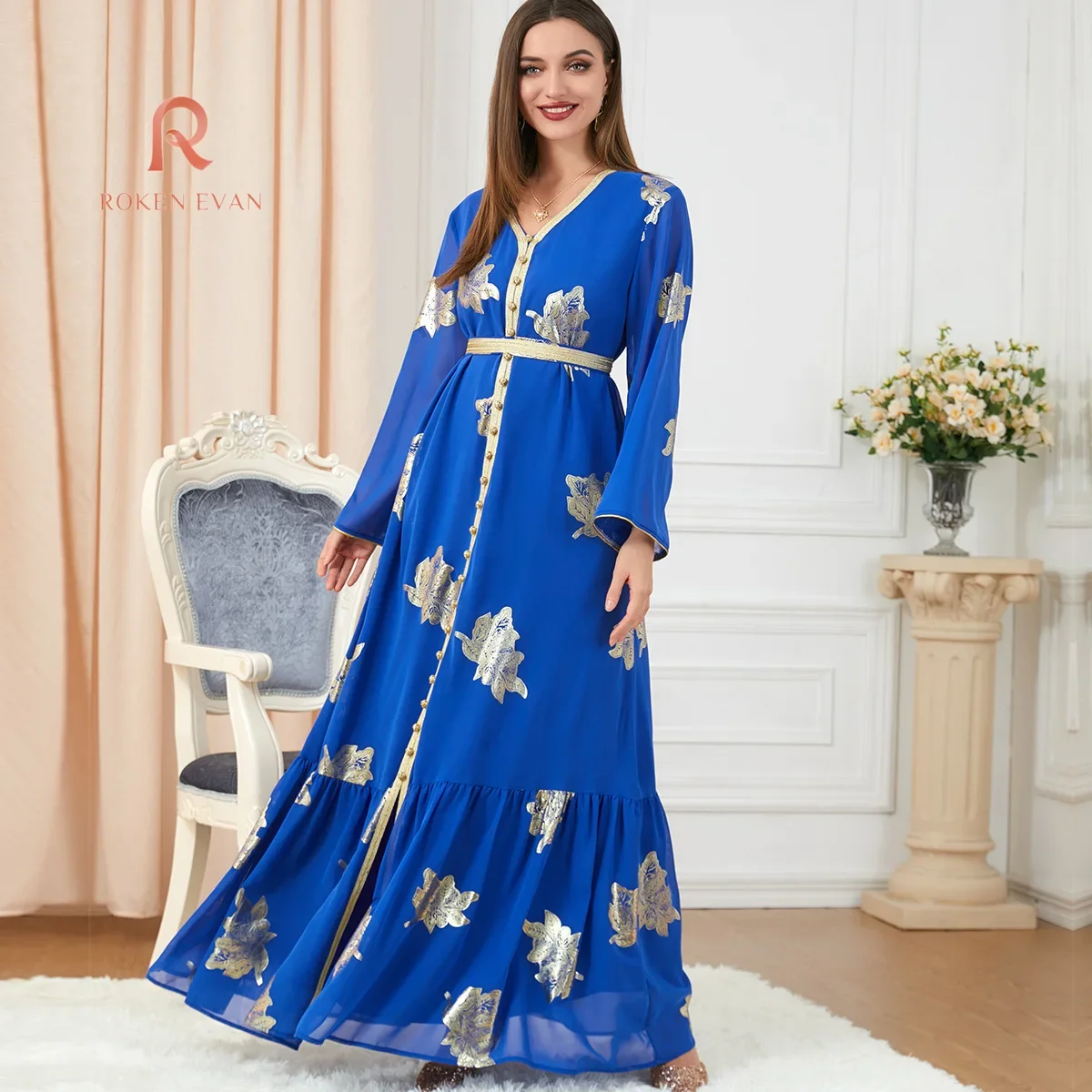 ROKEN EVAN 2024 Jalabiya kaftan dubai turkey golden ribbon trim loose muslim arabic islamic clothing party robe moroccan dress