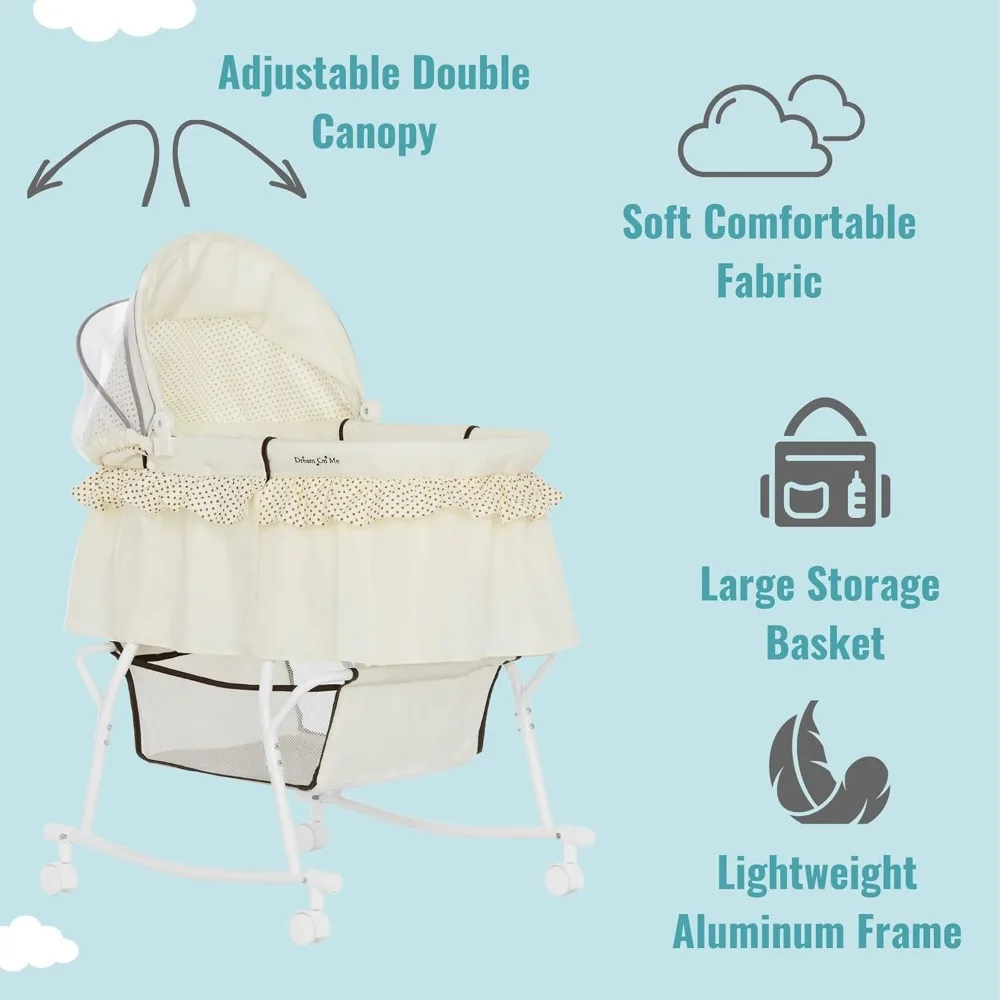 Bassinet 2-in-1 dalam krim, buaian bayi ringan dengan keranjang penyimpanan, kanopi dapat diatur dan dilepas