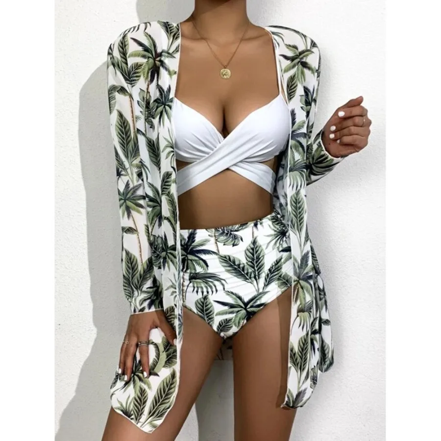 HOTEuropean and American new sling swimsuit three-piece bikini swimsuit mesh shawl split swimsuit women's high-waist bikini