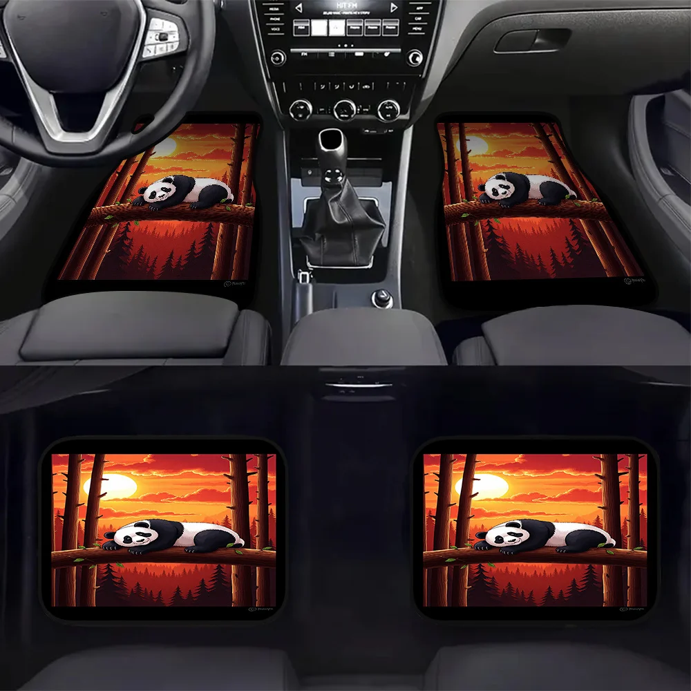 4 Uds. Alfombrillas para vehículos adornadas con motivo de puesta de sol de Panda durmiente para camionetas o SUV, presenta un beneficio de limpieza conveniente