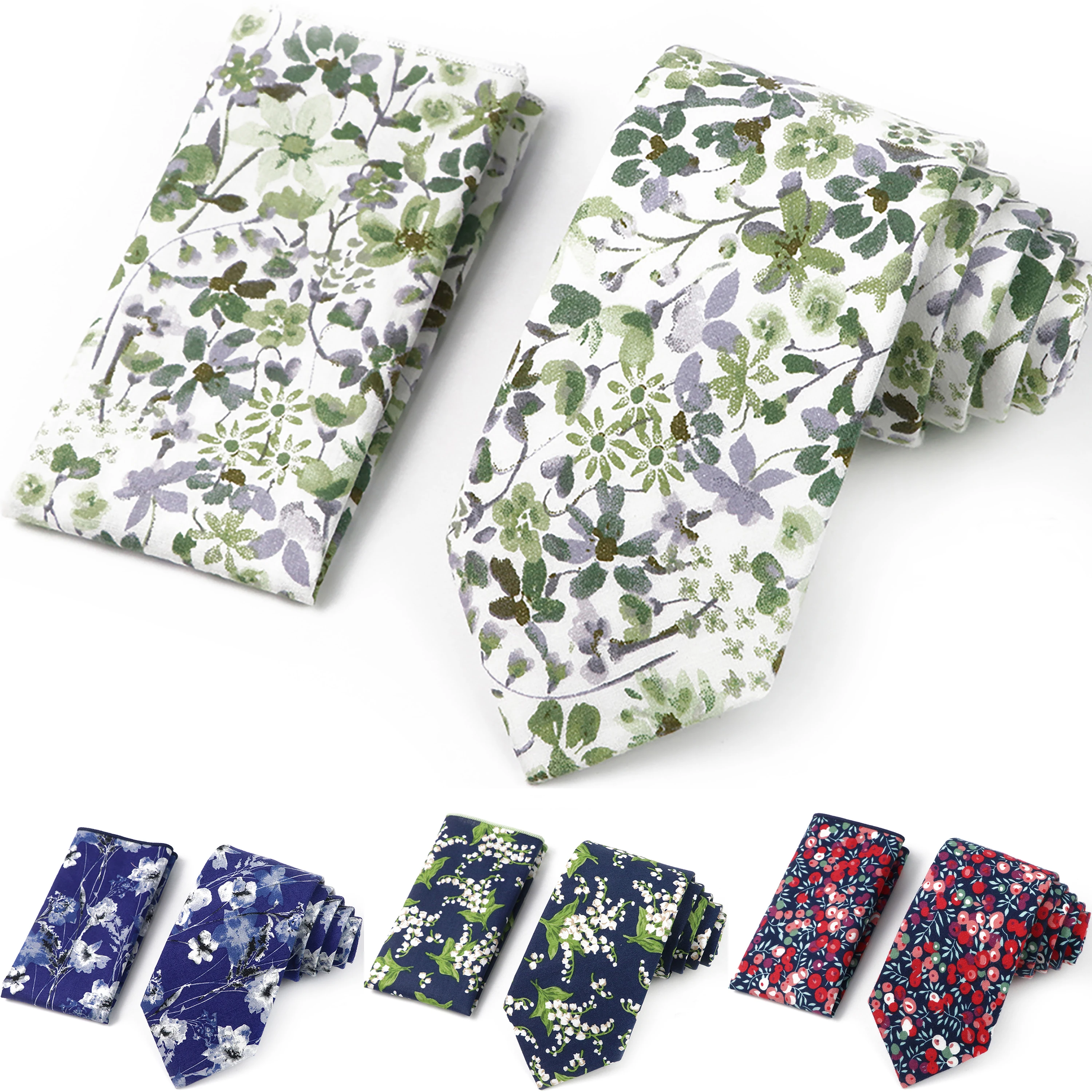 Novelty Floral Tie Hankies Set For Men 100% Cotton Pink Green Flower Neck Tie Skinny Casual Daily Wear Shirt Cravat Accessories