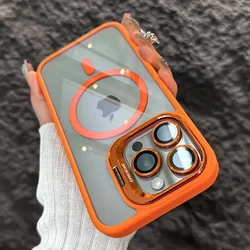 Funda de teléfono magnética a prueba de golpes para iPhone 15, 14, 13, 12, 11 Pro Max Plus, Funda trasera de protección de lente de vidrio con soporte de lujo