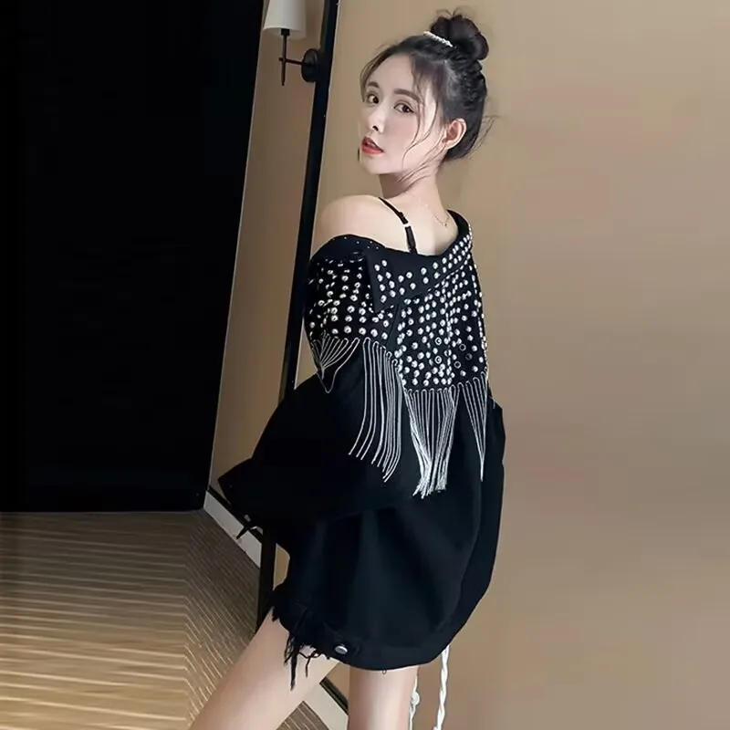 レディースデニムジャケット 2025年 春秋新作 ビーズタッセル ストリートウェア カジュアルデニムジャケット ハイストリート 韓国風 フリンジ ルーズコート 3XL