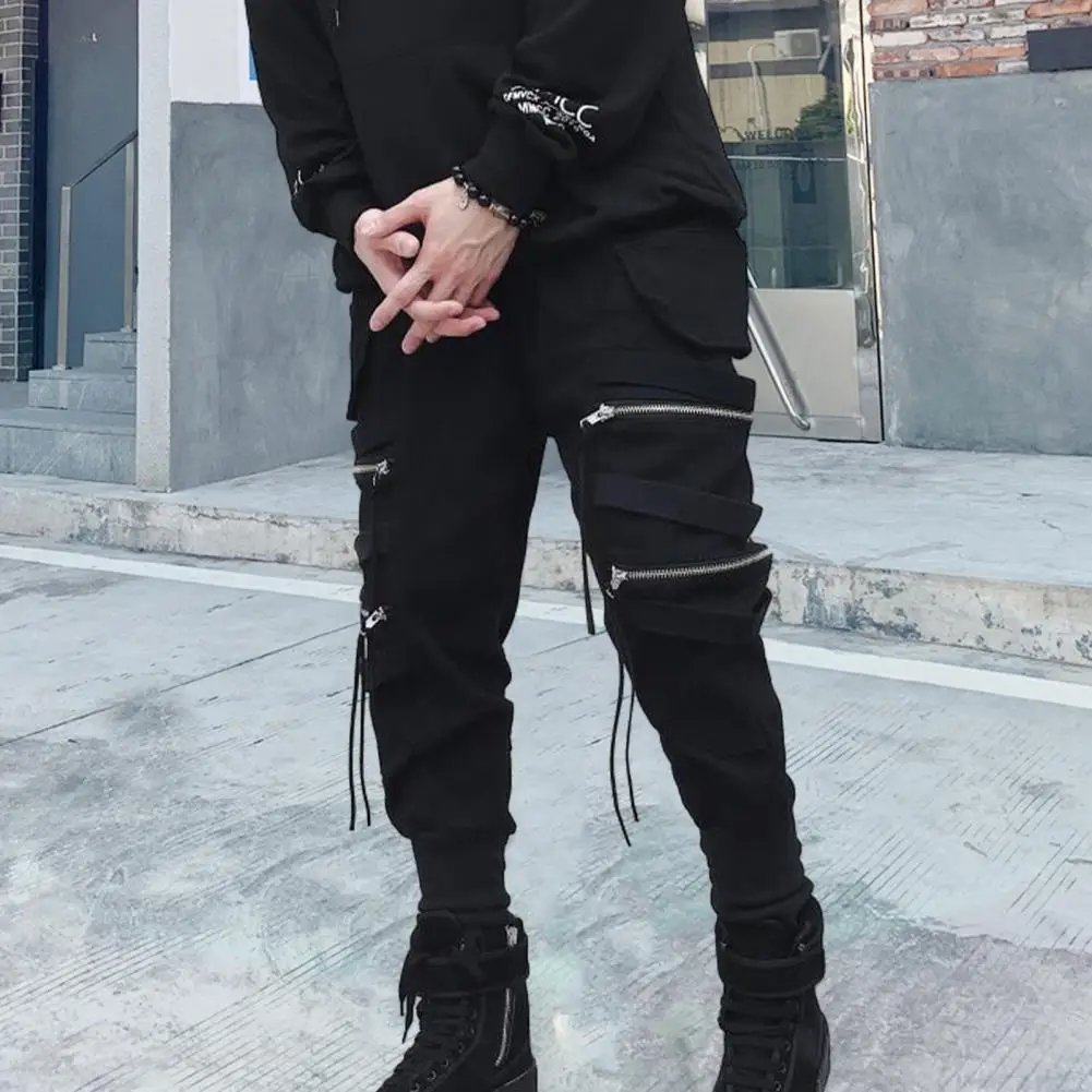 Hip Hop Men Pants Hip Hop Streetwear Men's Cargo Pants with Zipper Decor Ankle Straps for Outdoor Travel Sports Solid Color