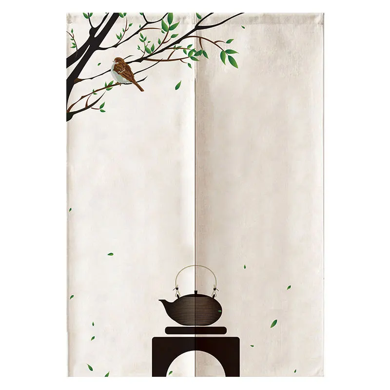 Chinese Style Door Curtain with Bird & Teapot Print, Elegant Fabric Partition for Kitchen, Dining Room and Home Decor