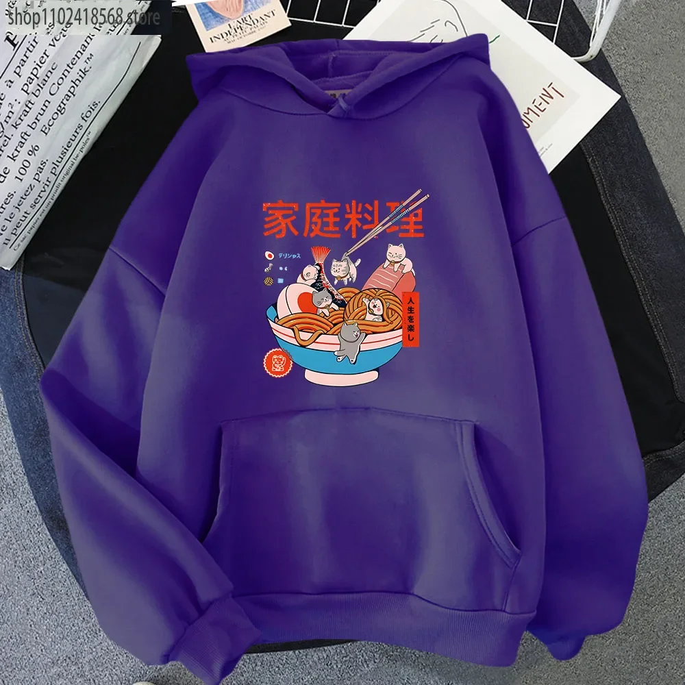 Ramen Cats Hoodie Women Japanese Anime Sweatshirts Autumn Winter Casual Men Fleece Long Sleeve Pullover Harajuku Kawaii Clothing