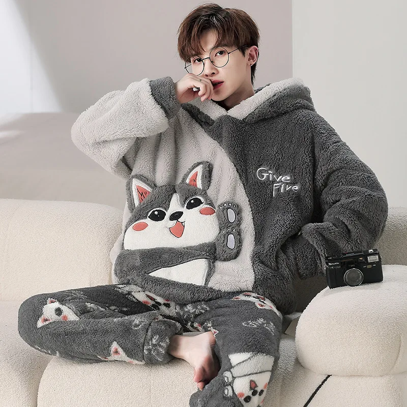 Men Pajamas Set Winter Coral Velvet Warm Sleepwear Cartoon Anime Long Sleeve Hooded Home Suit Thickened Flannel Loungewear