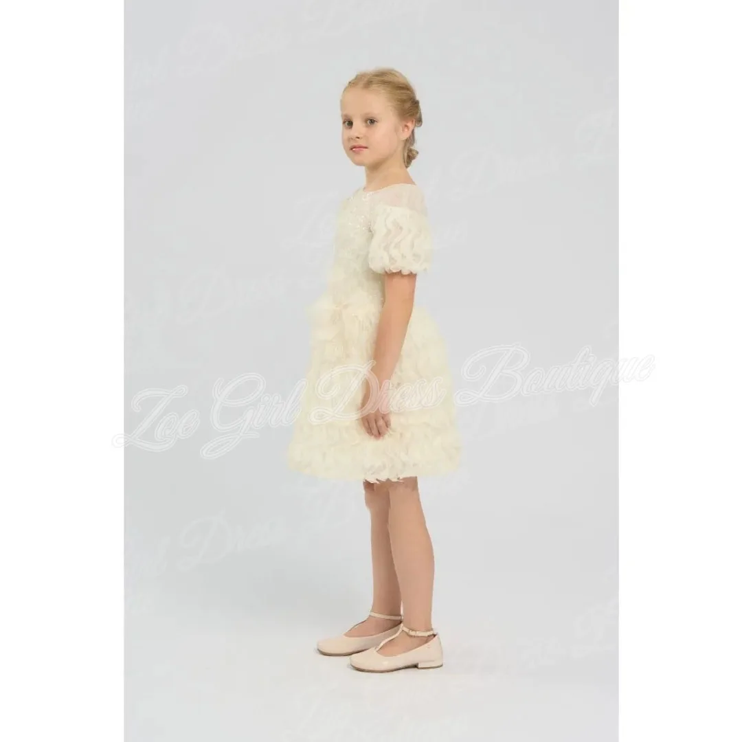 Ivory Lace Pile Up Sleeve Ruffled Tulle Flower Girl Dresses Back Kids Wedding First Holy Communion Birthday Gown Customized