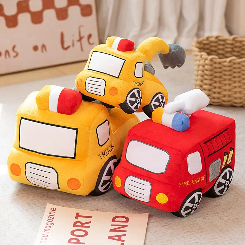 Cartoon Simulation Kawaii Tractor Excavator Car Plush Toy Pillow Fire Truck Soft Stuffed Dolls Boy Kids Gift Cute Room Decor