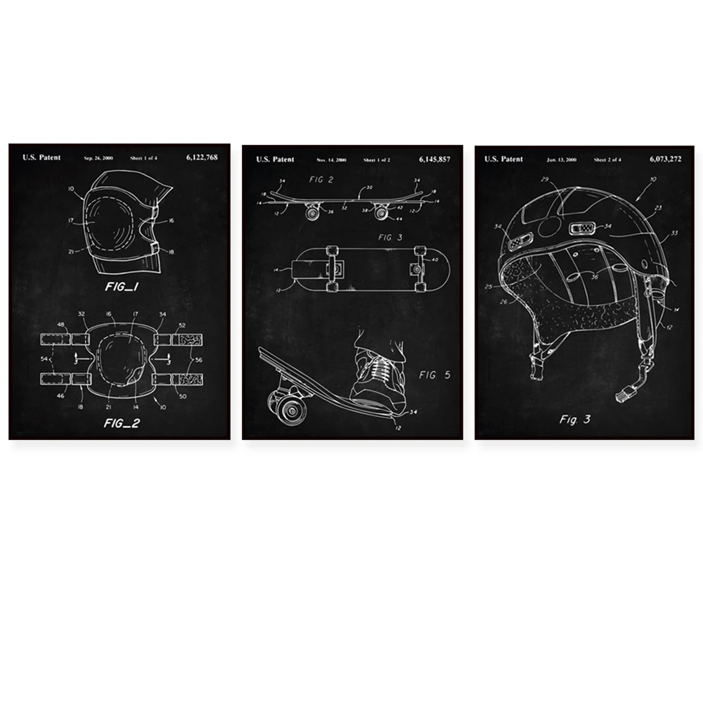 Skateboarding Patent Print Set of 3, Skateboard Wall Art, Knee&Elbow Pads Blueprint, Sport Helmet Poster, Kids Room Decor