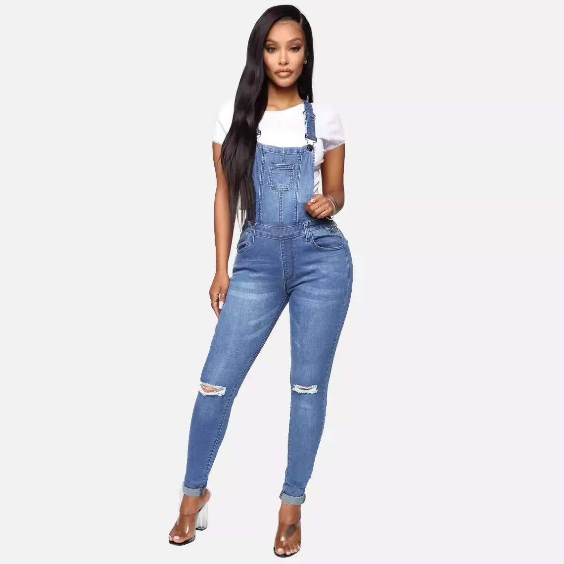 

Women's Clothes plus Size Fashionable Distressed Denim Overalls High Quality Washed-out Effect Wide-leg Overalls