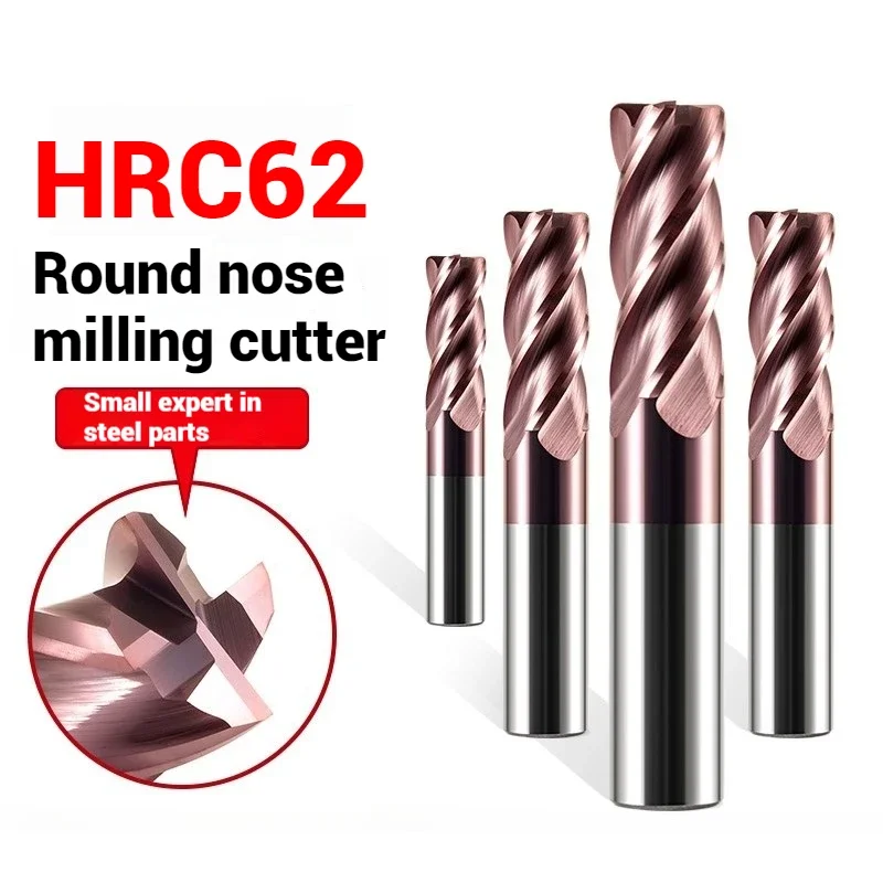 HRC62 Corner Radius End Mill CNC R Bull Nose Milling Cutter Metal Router Tungsten Carbide Steel Tool R0.5 R1 4Flutes 