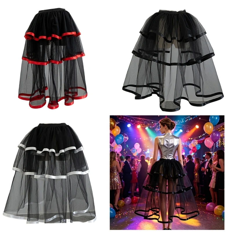 Women Layered Mesh Costume Skirt with Sheer Overskirt and Elastic Waistband for Cosplay Outfits, Stage Show Party Styling