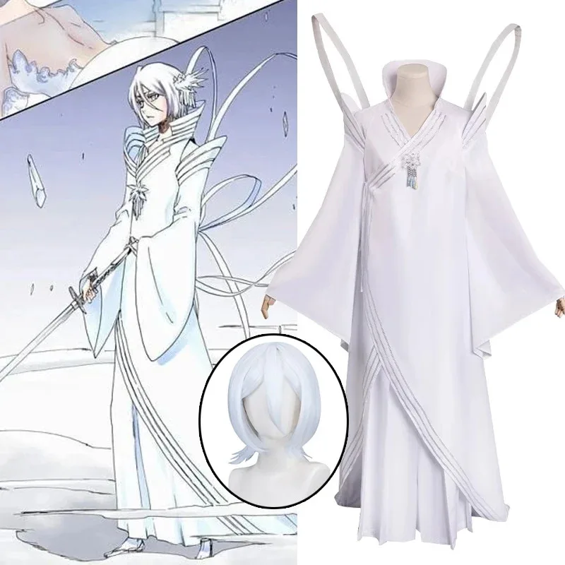 Disfraz de Anime Hakka no Togame Kuchiki Rukia, disfraz de Cosplay de castigo de neblina blanca, vestido de peluca blanca, uniforme de mujer, traje de juego de rol de Halloween