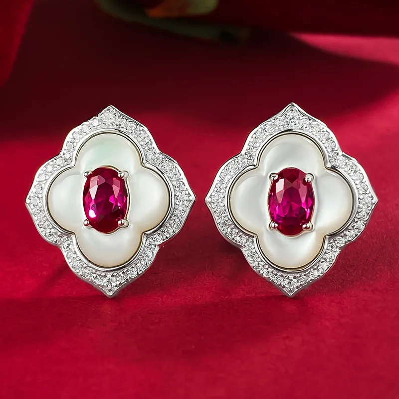 ZOCA 100% Sterling Silver Natural Shell Flowers Stud Earrings For Women Fashion Ruby Cubic Zirconia High Quality Jewelry