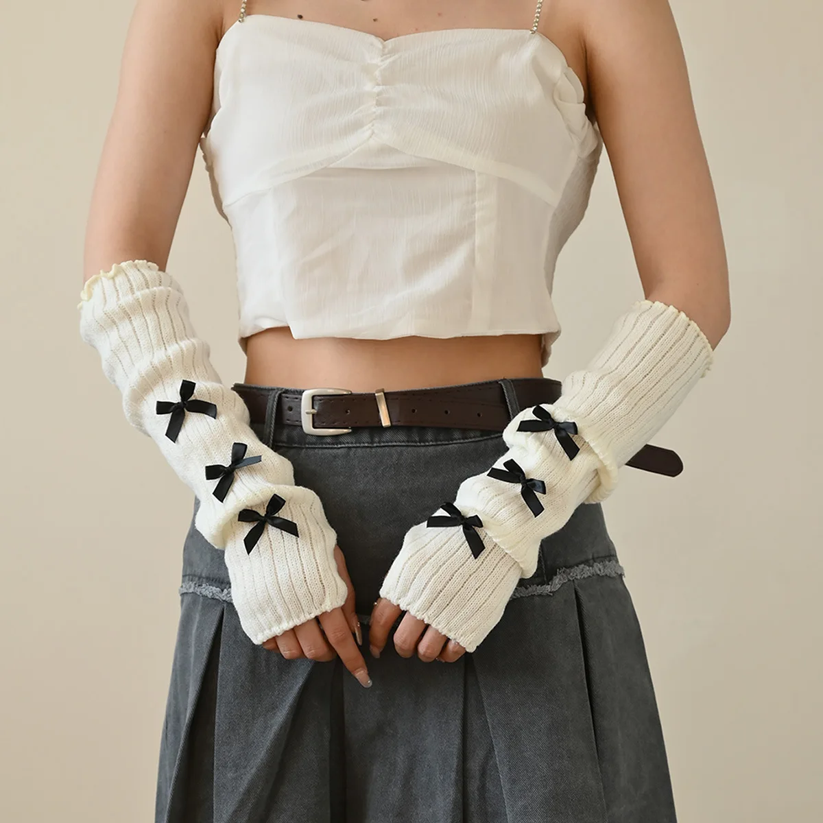 Female Y2K Fashion Arm Warmers Bowknot Soft Knitted Gloves Women Girl Half Finger Mittens Solid Color Thicken Arm Sleeves new