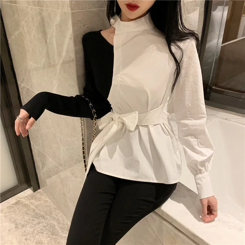 

Blouses Women Patchwork Slim Irregular Elegant Soft Harajuku Vintage Autumn Bow Design Mujer Daily Tunic All-match Office Ladies