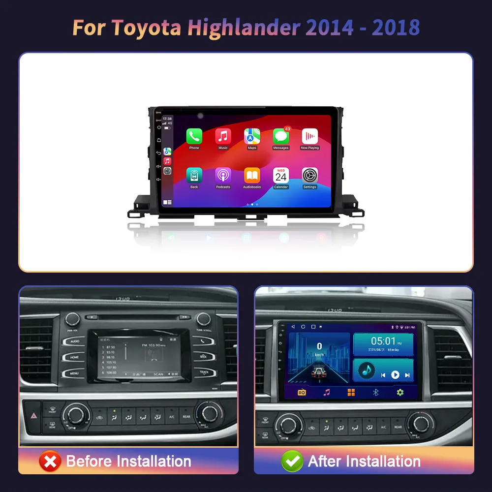 Car Radio Central Multimedia Navigation Player Wireless Carplay Stereo Android 14 4G GPS Screen For Toyota Highlander 2014-2018