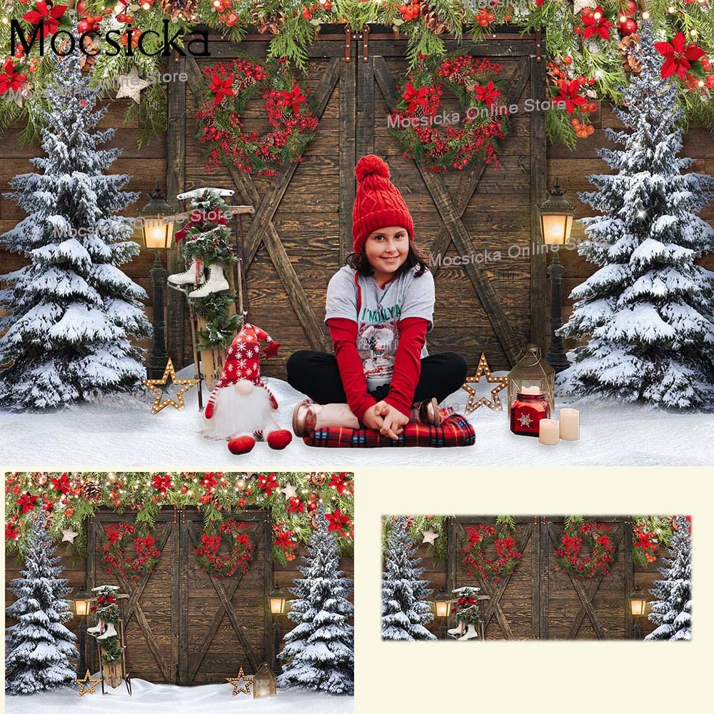 

Rustic Wooden Door Backdrop for Winter Christmas Trees Red Flowers Wreath Snow Portrait Background Outdoor Skiing Party Supplies