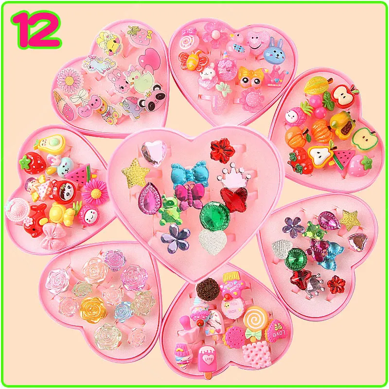 

12PCS Frozen Rings Children's Cartoon Princess Candy Animal Mix Bow Shape Ring Girl Jewellery Plastic Rings Kid Toys Gift