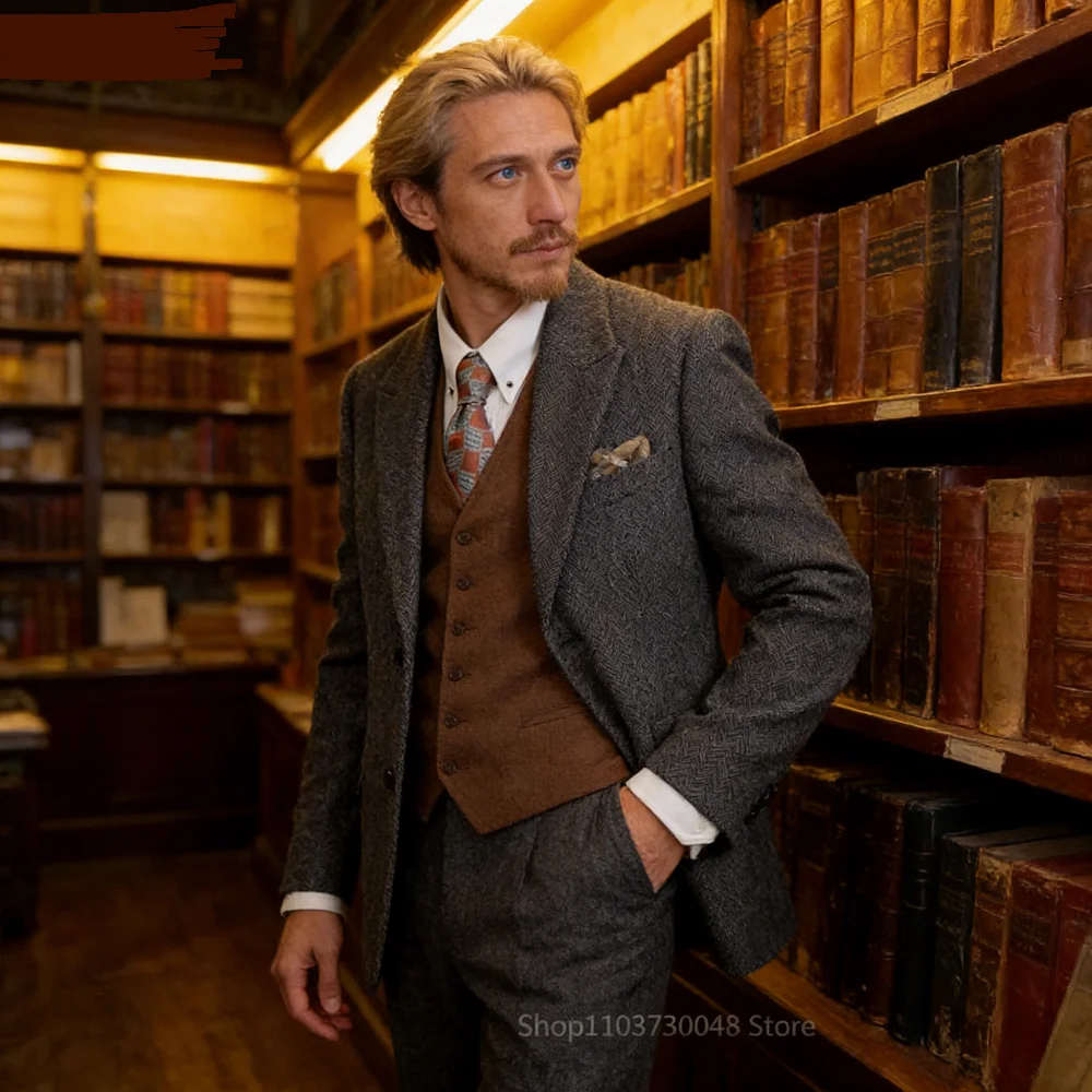 

Men's Dark Grey Tweed Smoking Suit Unique Single Breasted Two-Button Business Blazer Fishbone Design Wedding Ceremony Coat