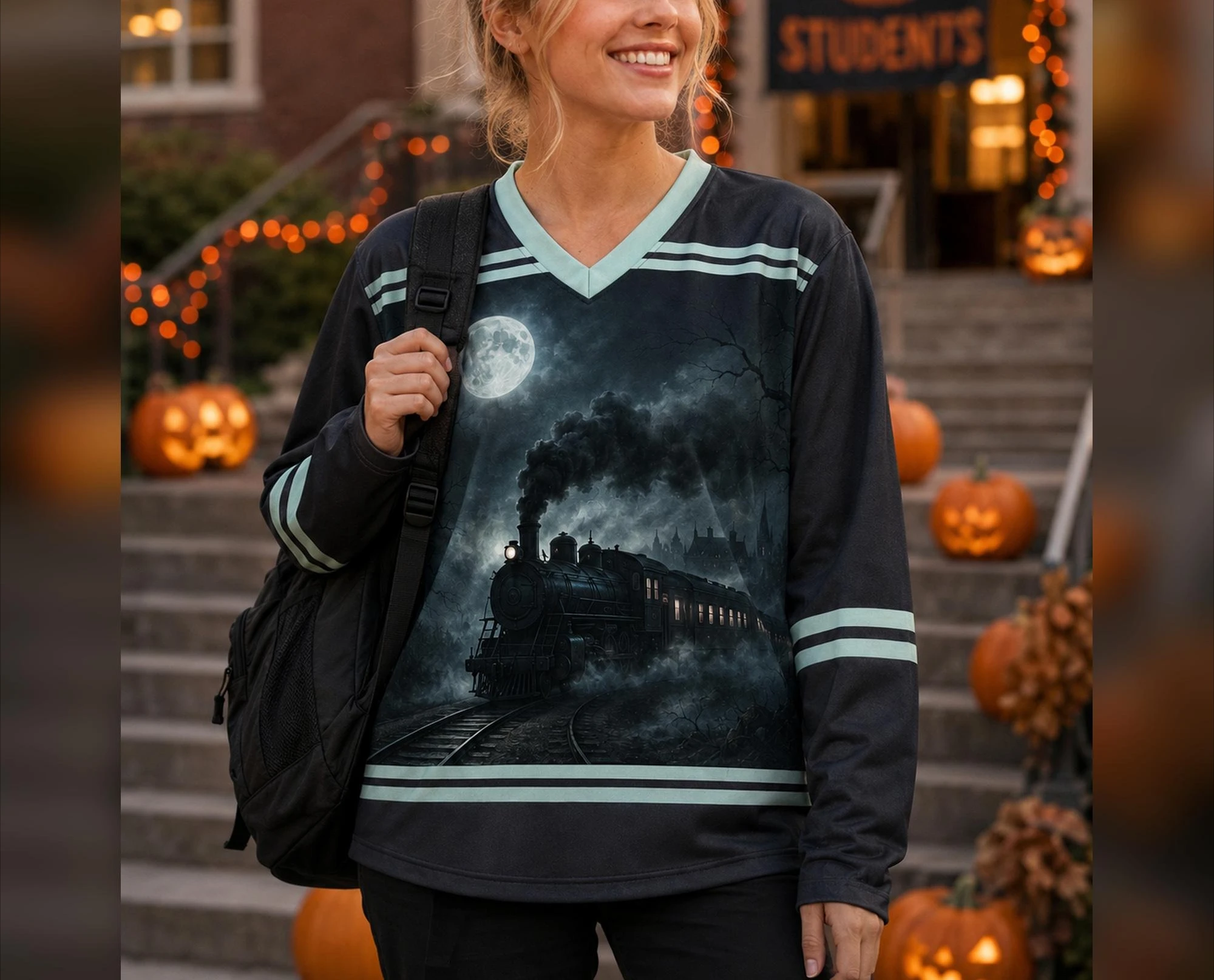 Vintage Gothic Ghost Train Graphic Hockey Jersey 3D Print V Neck Oversized Long Sleeve Halloween Streetwear Tops Family Matching