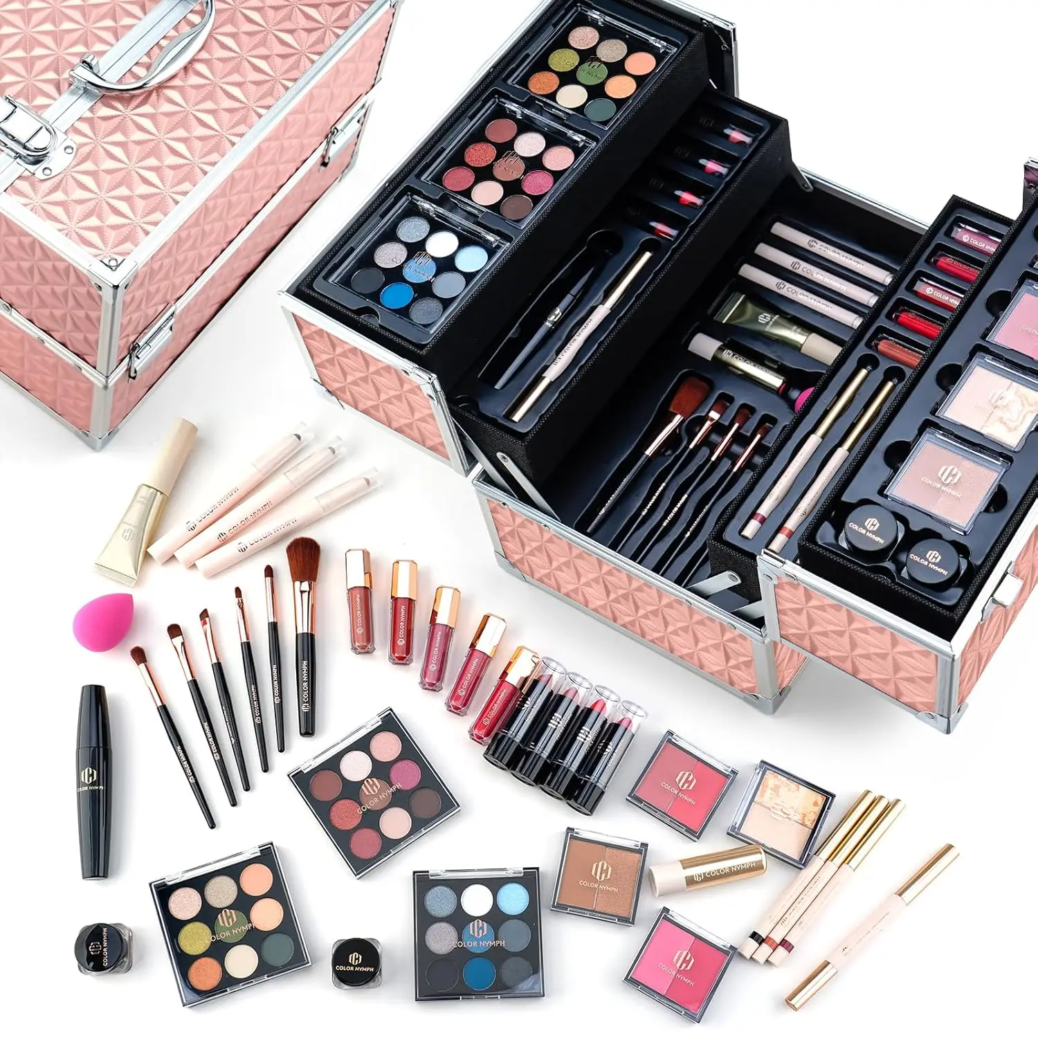 Set trucco professionale per adolescenti e donne - Kit completo con custodia, ombretto, fard, rossetto e strumenti in rosa