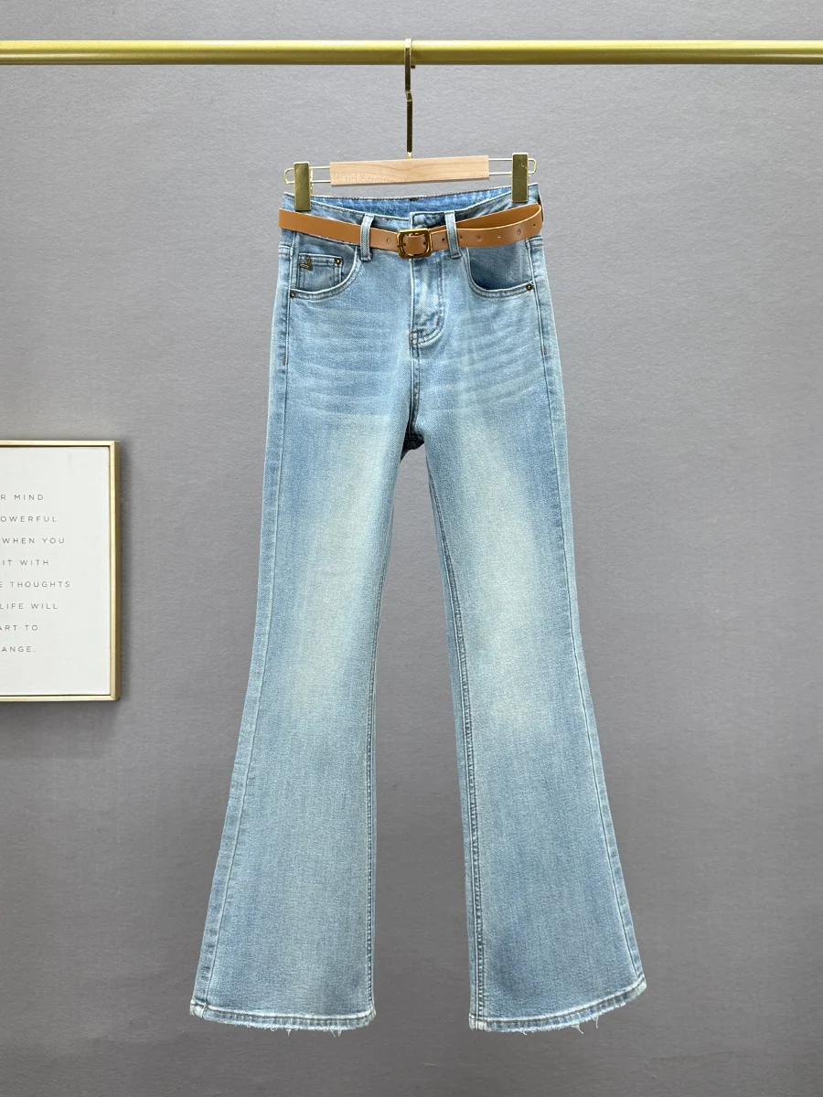 

Женские джинсы-клеш Slim Fit с высокой талией, весна 2025, новые, эластичные, длинные, синие, повседневные, из хлопка, стрейч