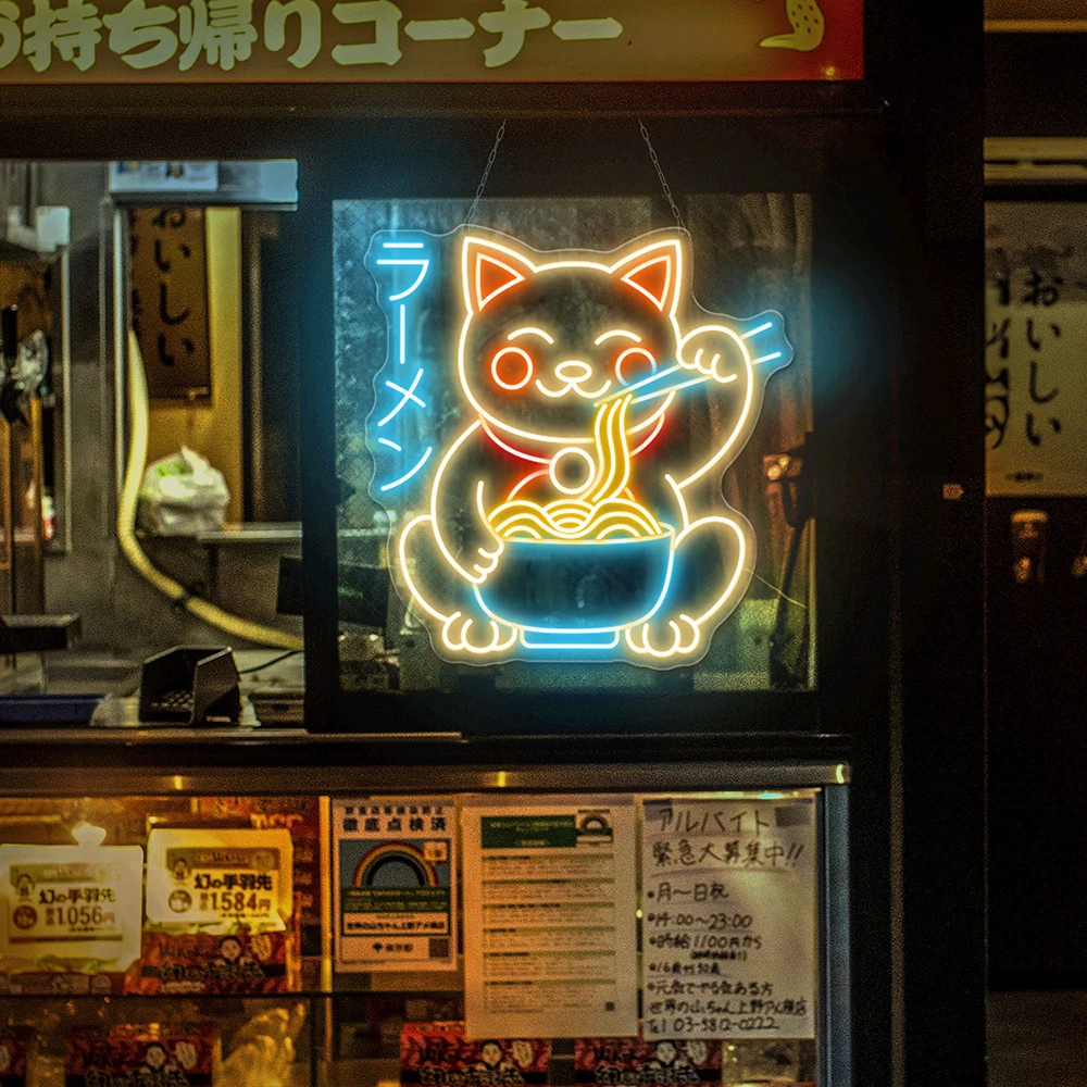 japanese lucky cat neon sign ramen sinal de neon personalizado para loja restaruant decoracao de parede led neon light 01